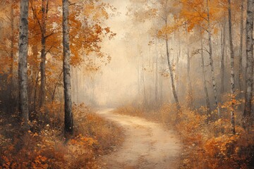 Poster - Autumn pathway through a misty forest with golden leaves and soft lighting