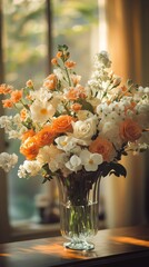 Wall Mural - Beautiful floral arrangement in a glass vase on a wooden table near a sunny window