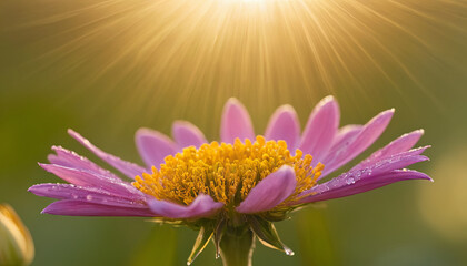 Poster - A vibrant pink flower displays its petals as sunlight bathes the scene in warm golden light. Dew glistens on the delicate structure, enhancing its beauty in a peaceful outdoor setting