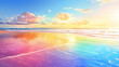 © Thiago - Vibrant rainbow colors shining on the sandy beach during daylight hours by the ocean. Rainbow Shoreline. Illustration