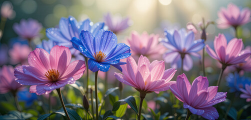 Poster - Vibrant pink and blue flowers blossom in a lush garden, glistening with dew under gentle sunlight. The scene captures the essence of a tranquil morning atmosphere