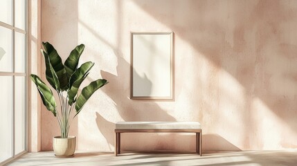 Poster - A white framed picture hangs on a wall in a room with a tan wall