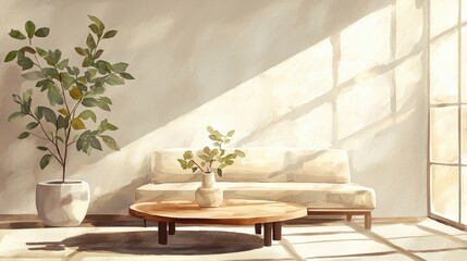 Poster - A white couch sits in front of a window with a potted plant on the floor