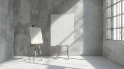 Poster - A white wall with a white canvas and a wooden easel