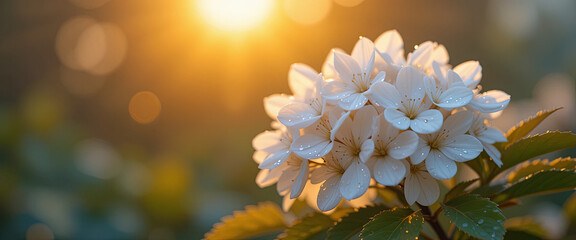 Poster - Morning light filters through a tranquil garden, highlighting a cluster of white flowers adorned with sparkling dew. The peaceful atmosphere invites a sense of calm and beauty