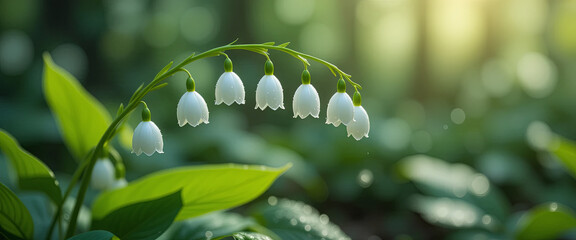 Poster - Soft sunlight filters through trees as delicate white flowers hang gracefully from a slender stem in a serene forest glade. The lush greenery enhances the tranquil atmosphere