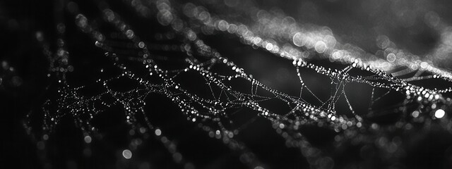 Delicate Dew Kissed Spiderweb Black and White Macro Photography of Nature s Intricate Design