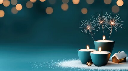 Glittering fireworks bursting over a snowy village scene background