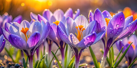 Poster - In a spring garden, purple crocuses emerge from the earth, adorned with glistening dew drops, as the warm sun rises in the background, illuminating the colorful blooms and fresh greenery