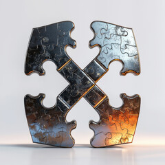 Poster - Puzzle piece and arrow design interlocked in sleek metallic tones on a clean white backdrop with bright emphasis