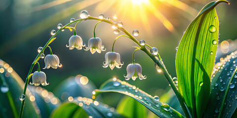 Poster - Morning sunlight filters through droplets on white flowers, creating a serene atmosphere in the garden. Leaves arch gracefully, enhancing the tranquil beauty of the scene