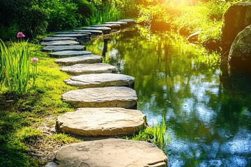 Wall Mural - Path near the lake in the park with sun rays