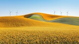 Golden rolling hills with wind turbines against a clear blue sky create a peaceful and scenic landscape
