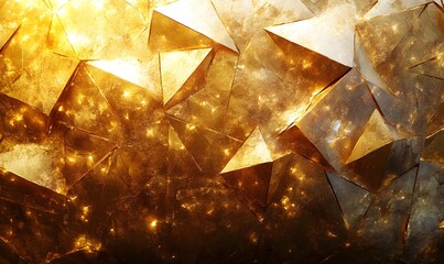 Poster - Abstract golden geometric shapes with shimmering surfaces and textured details