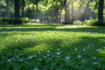 Wall Mural - Green grass with trees and sun rays in the park