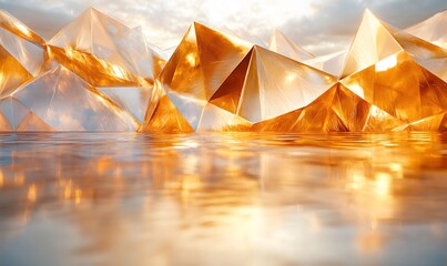 Aufkleber - Golden crystalline mountains reflected on a tranquil body of water creating a mesmerizing scene