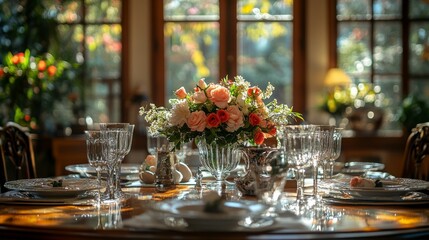 Poster - Elegant table setting adorned with vibrant flowers and soft candlelight during a cozy dinner