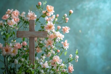 wooden cross surrounded by delicate pink flowers on a soft blue background during daytime