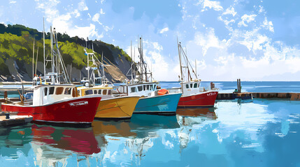 Wall Mural - Colorful fishing boats docked at a serene harbor along the coast. Serene Harbor. Illustration