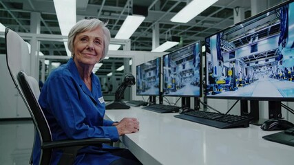 Poster - senior technician monitors multiple screens in a technology facility, showcasing advanced surveillan