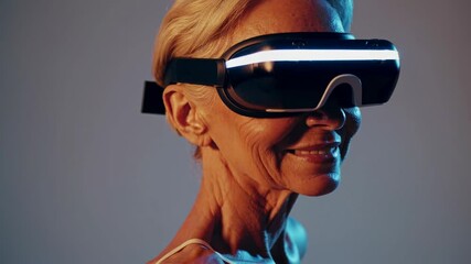 Poster - elderly woman explores virtual reality technology in a modern studio setting