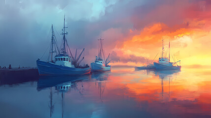 Wall Mural - Fishing boats in serene harbor at dawn with calm water reflection. Serene Harbor. Illustration