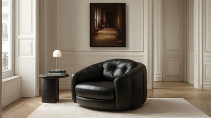 Wall Mural - Modern black chair with minimalist decor in elegant interior living space under soft lighting