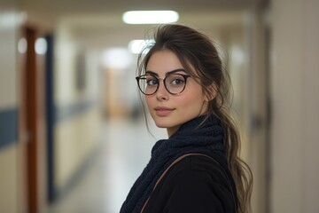 Wall Mural - Young woman with glasses gazes thoughtfully in a softly lit hallway setting