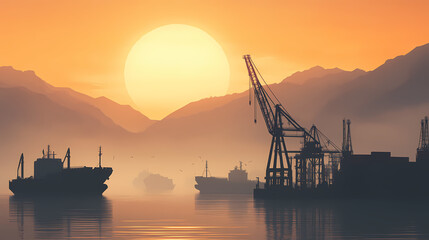 Wall Mural - A serene harbor scene at sunrise, featuring a crane, cargo ships, and misty mountains in the background, creating a tranquil atmosphere. Serene Harbor. Illustration