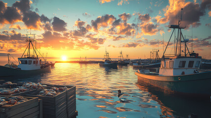 Wall Mural - A serene harbor scene at sunset with fishing boats and seafood crates. Serene Harbor. Illustration