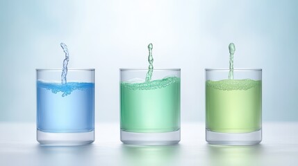 Wall Mural - refreshing image, three glasses of pure water with dynamic splashes