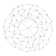 Poster - Network visualization of red nodes linked by black lines creating spherical pattern. Abstract geometric composition showcases interconnected data points, emphasizing complexity through simplicity.
