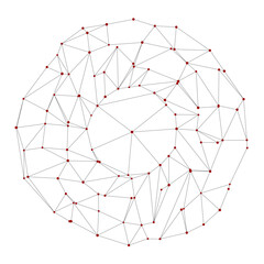 Poster - Network visualization of red nodes linked by black lines creating spherical pattern. Abstract isolated composition showcases interconnected data points, emphasizing complexity through simplicity.
