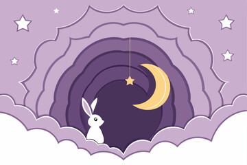 layered paper cutout art, dreamy night sky, purple clouds, golden crescent moon, twinkling stars, 3d