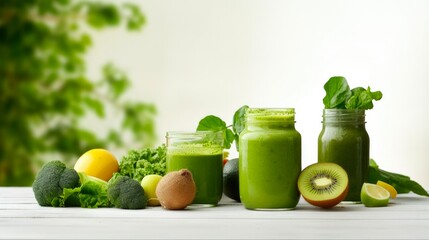 Wall Mural - Green Health Smoothie in Glasses. Raw, Vegan, and Vegetarian Concept with Kale, Spinach, and Avocado. Copy Space in Banner Format