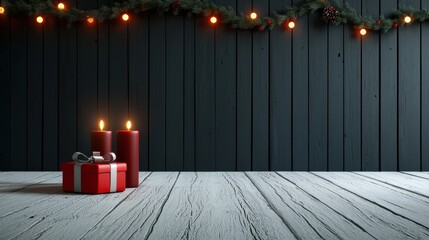 Wall Mural - Rustic candlelit scene with wrapped presents and pine garlands background