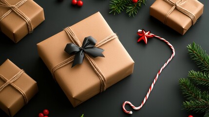 Rustic gift boxes tied with natural twine and holly leaves background