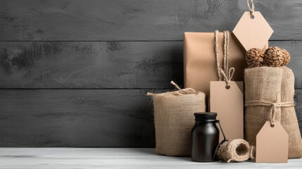 Wall Mural - Rustic gifts wrapped in jute and burlap with wooden tags