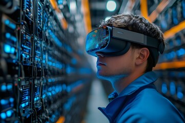 Poster - IT specialist using virtual reality headset working in server room
