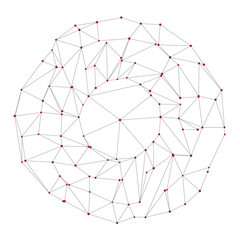 Poster - Network visualization of isolated red nodes linked by black lines creating spherical pattern. Abstract composition showcases interconnected data points, emphasizing complexity through simplicity.
