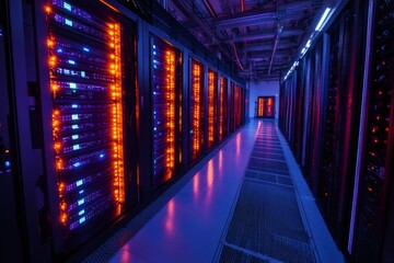 Poster - Server racks glowing in modern data center with blue and orange lights