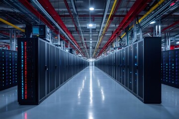 Poster - Server racks emitting light in large data center with nobody around