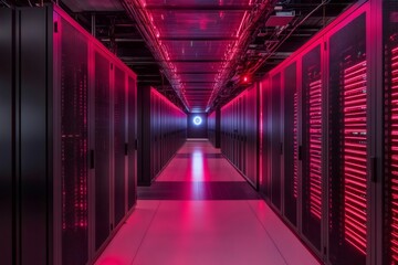 Poster - Server racks glowing pink and blue in modern data center corridor