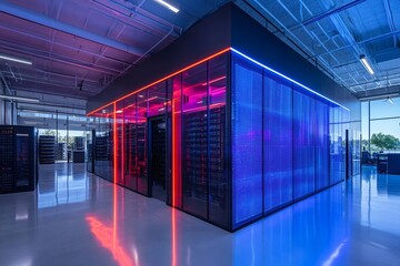 Poster - Modern server room with glass walls and colorful led lights illuminating network equipment