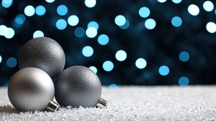 Wall Mural - Shimmering baubles reflecting a snowy winter wonderland background