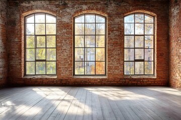 Aufkleber - Sunlight illuminating empty room with large windows and brick walls