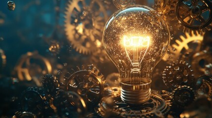 Poster - bright light bulb is shining amidst a dynamic swirl of spinning gears, creating a powerful visual me