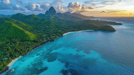 Canvas Print - Stunning Aerial View of Lush Green Island with Mountainous Landscape and Turquoise Ocean Waters at Sunset Offering a Perfect Paradise Getaway and Travel Destination