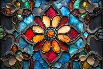 Poster - Stained glass window showcasing a vibrant flower design with intricate details and rich colors