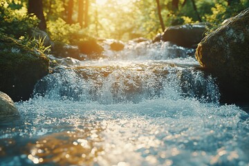 Wall Mural - Stream of water flowing down in the forest with sun rays